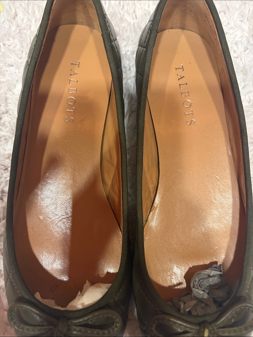 Talbots Olive Quilted Leather Ballet Flats with Bow